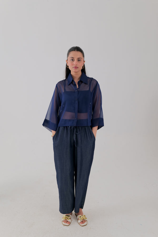 Cropped Chiffon Shirt – Navy Blue