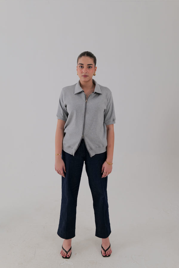 Double Zip Knitted Tee – Glacier Grey
